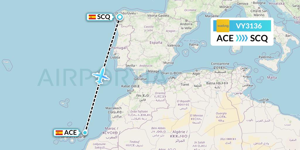 VY3136 Vueling Flight Map: Lanzarote to Santiago