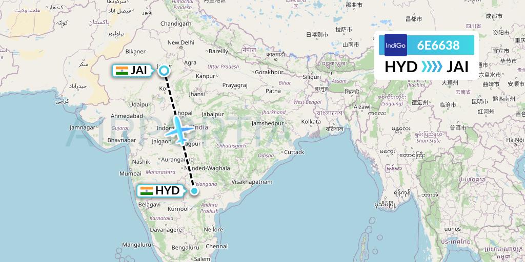 6E6638 IndiGo Airlines Flight Map: Hyderabad to Jaipur