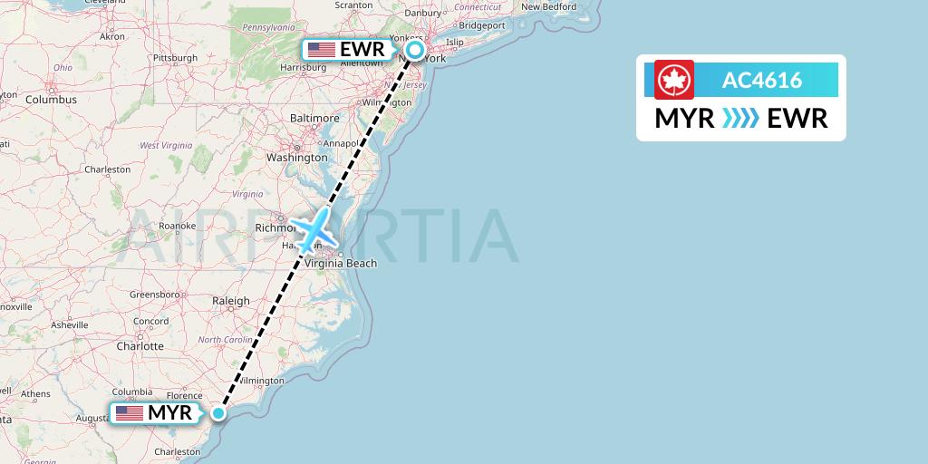 AC4616 Air Canada Flight Map: Myrtle Beach to New York