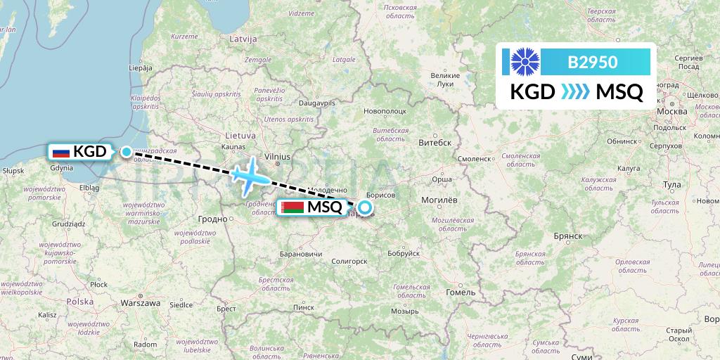 B2950 Belavia Flight Map: Kaliningrad to Minsk