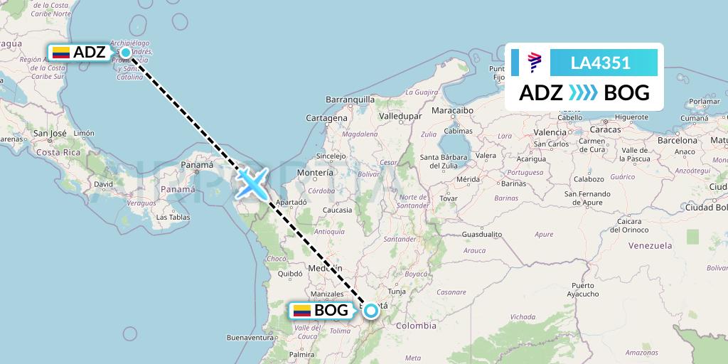 LA4351 LAN Airlines Flight Map: San Andres Island to Bogota