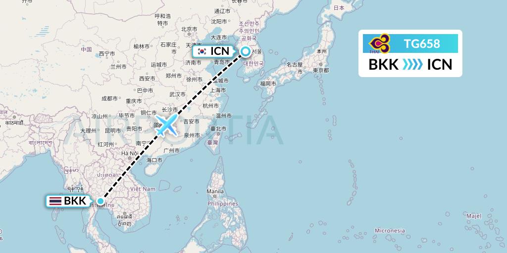 TG658 Thai Airways Flight Map: Bangkok to Seoul