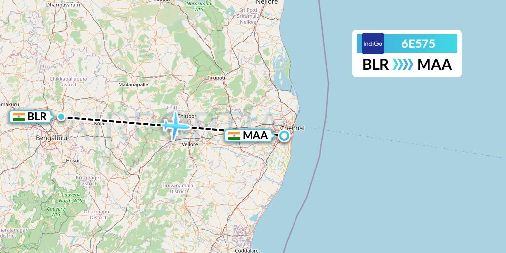 6E575 IndiGo Airlines Flight Map: Bangalore to Chennai