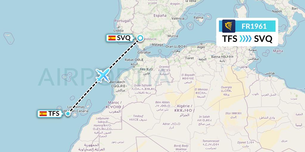 FR1961 Ryanair Flight Map: Tenerife to Seville