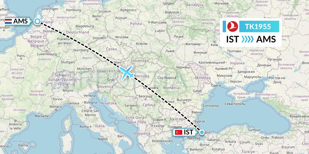 TK1955 Turkish Airlines Flight Map: Istanbul to Amsterdam