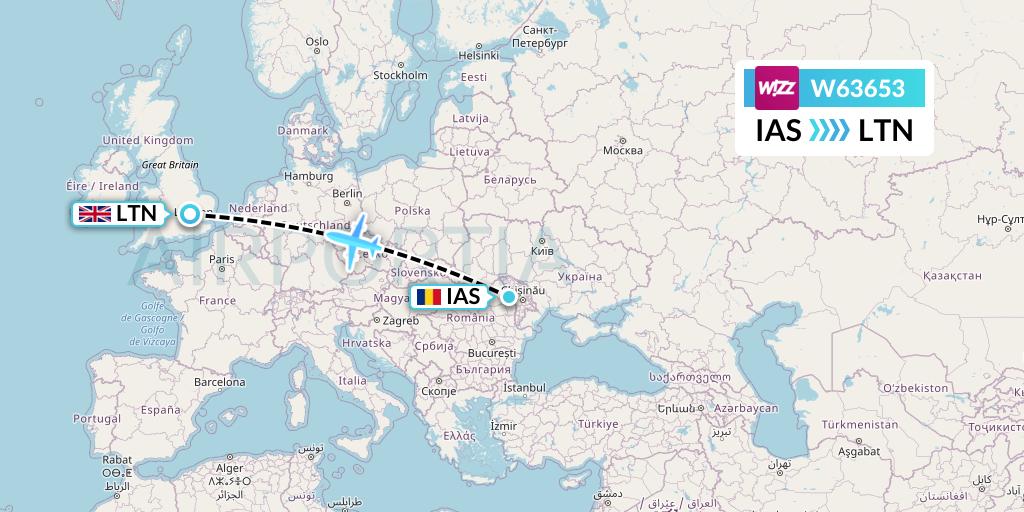 W63653 Wizz Air Flight Map: Iasi to London