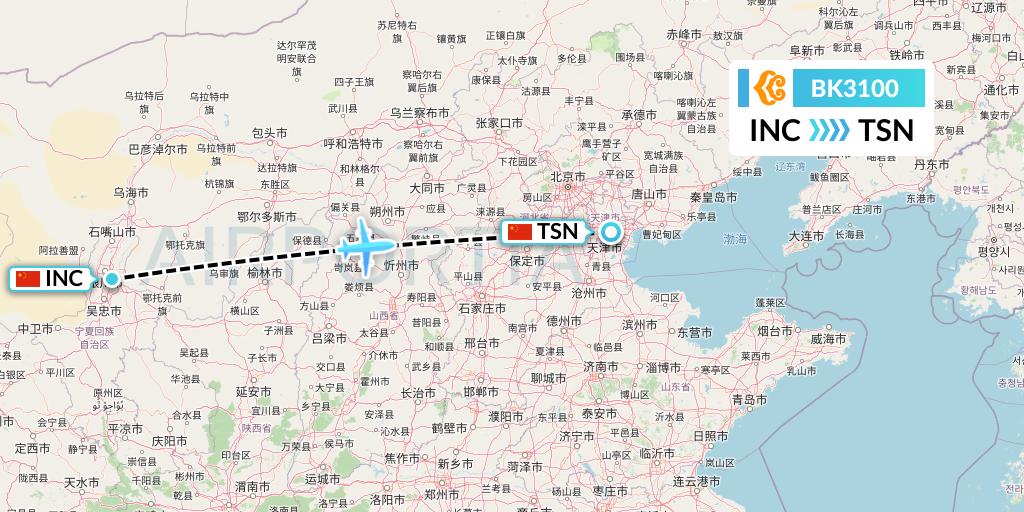 BK3100 Okay Airways Flight Map: Yinchuan to Tianjin