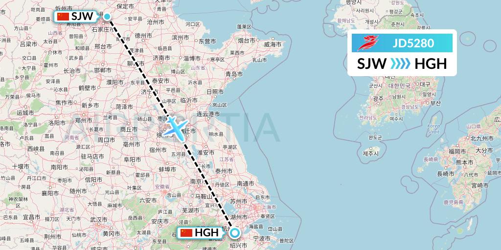 JD5280 Capital Airlines Flight Map: Shijiazhuang to Hangzhou