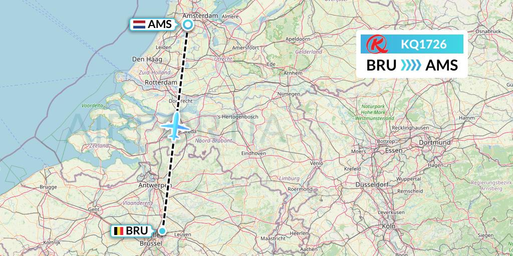 KQ1726 Kenya Airways Flight Map: Brussels to Amsterdam