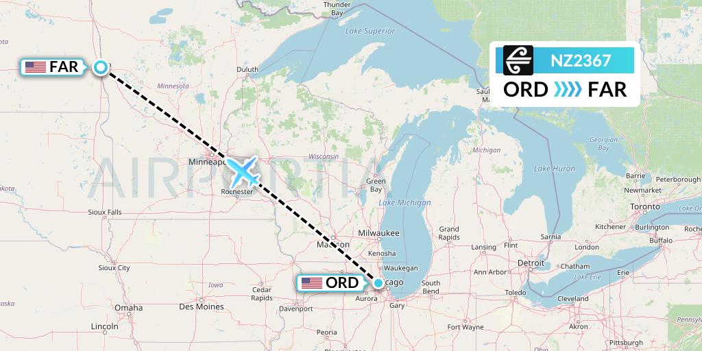 NZ2367 Air New Zealand Flight Map: Chicago to Fargo