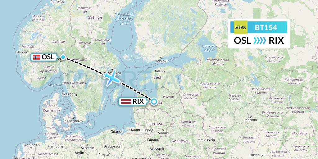 BT154 Air Baltic Flight Map: Oslo to Riga