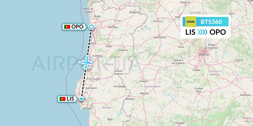 BT5360 Air Baltic Flight Map: Lisbon to Porto
