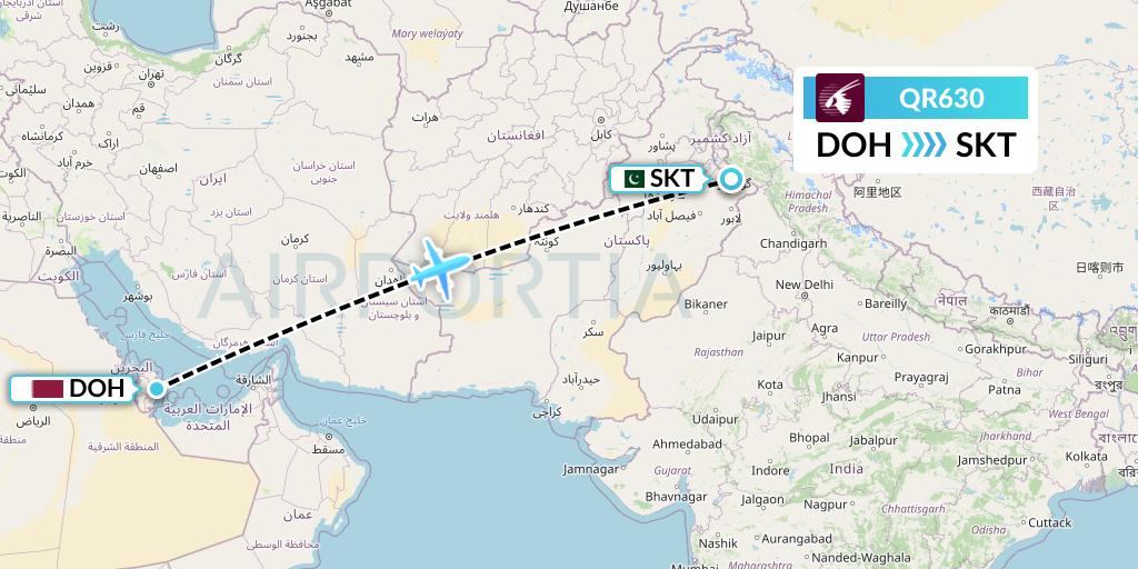 QR630 Qatar Airways Flight Map: Doha to Sialkot