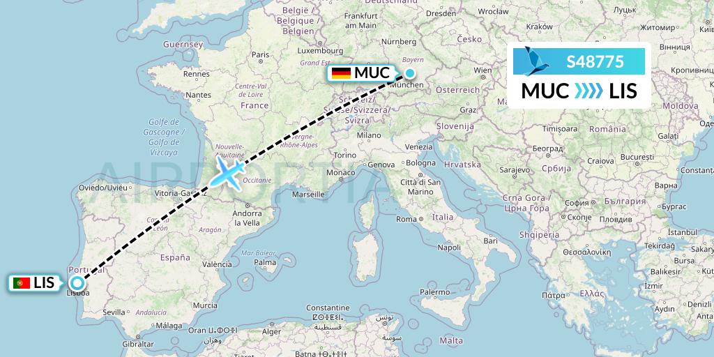 S48775 Azores Airlines Flight Map: Munich to Lisbon