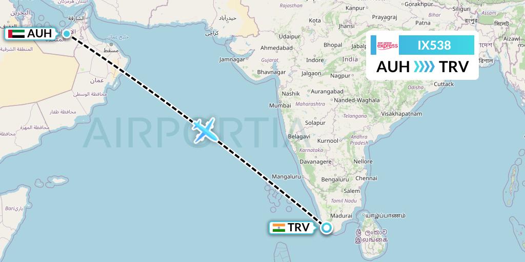 IX538 Air India Express Flight Map: Abu Dhabi to Thiruvananthapuram