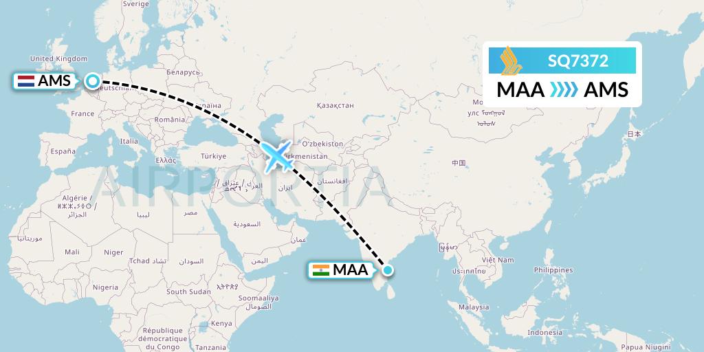 SQ7372 Singapore Airlines Flight Map: Chennai to Amsterdam