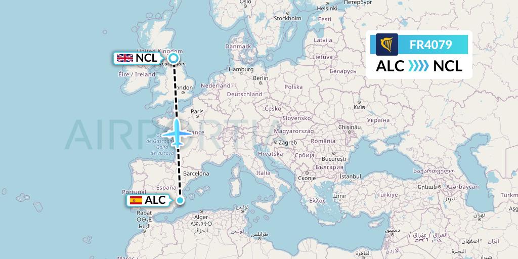 FR4079 Ryanair Flight Map: Alicante to Newcastle