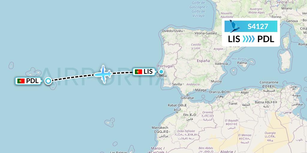 S4127 Azores Airlines Flight Map: Lisbon to Ponta Delgada