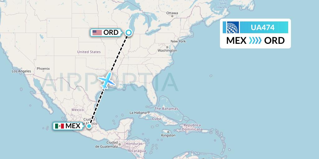 UA474 United Airlines Flight Map: Mexico City to Chicago