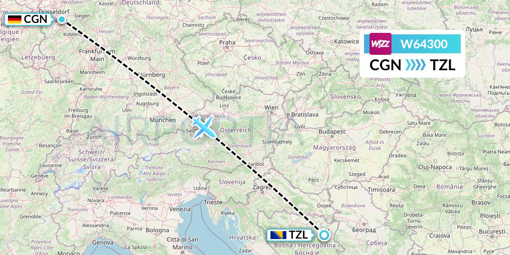 W64300 Wizz Air Flight Map: Cologne to Tuzla