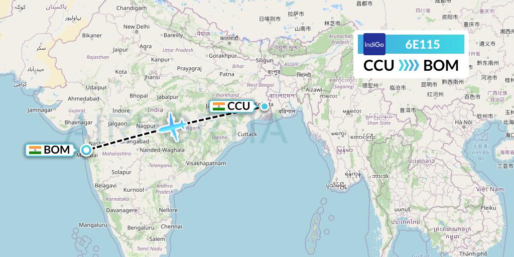 6E115 IndiGo Airlines Flight Map: Kolkata to Mumbai