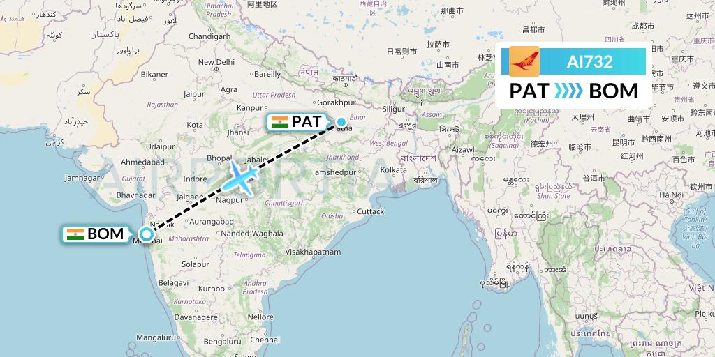 AI732 Air India Flight Map: Patna to Mumbai