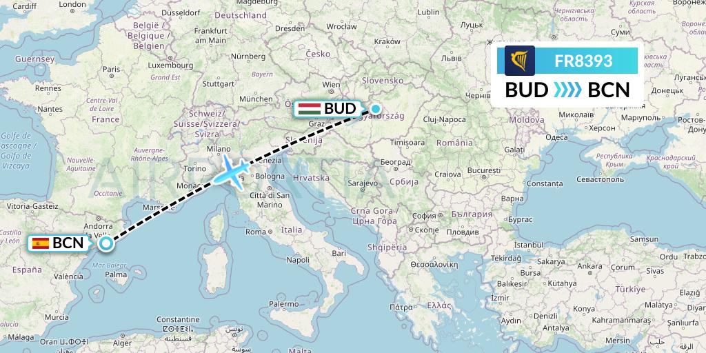 FR8393 Ryanair Flight Map: Budapest to Barcelona