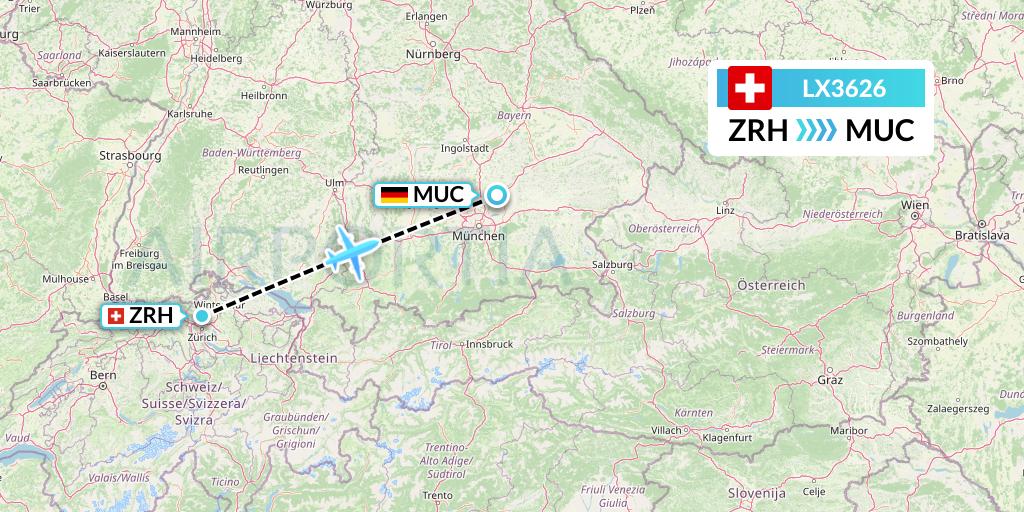 LX3626 Swiss Flight Map: Zurich to Munich