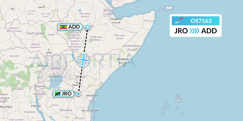 OS7163 Austrian Airlines Flight Map: Kilimanjaro to Addis Ababa