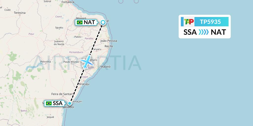 TP5935 TAP Portugal Flight Map: Salvador to Natal