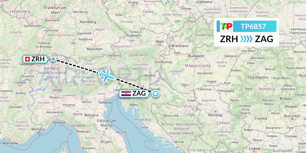 TP6857 TAP Portugal Flight Map: Zurich to Zagreb