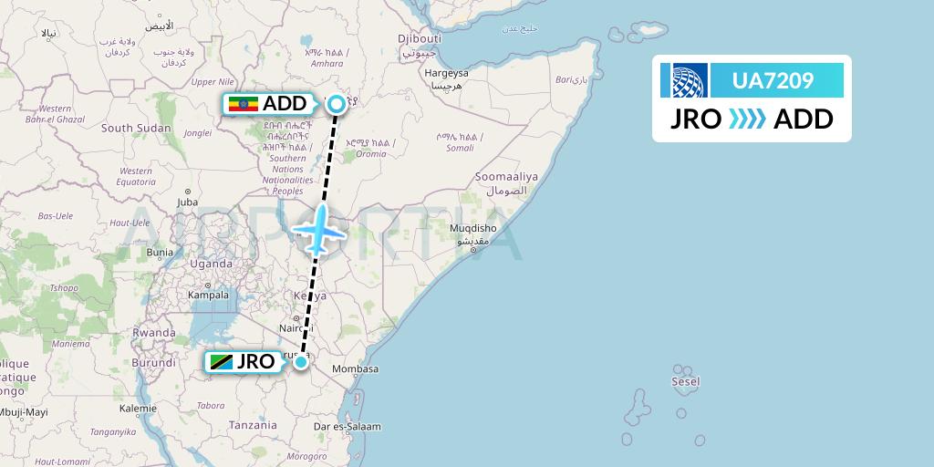 UA7209 United Airlines Flight Map: Kilimanjaro to Addis Ababa