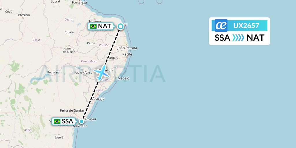 UX2657 Air Europa Flight Map: Salvador to Natal