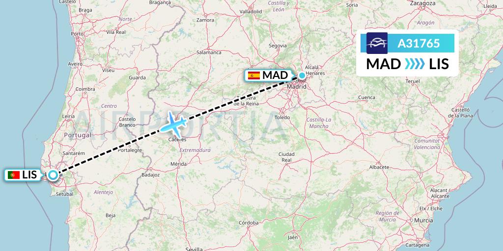 A31765 Aegean Airlines Flight Map: Madrid to Lisbon