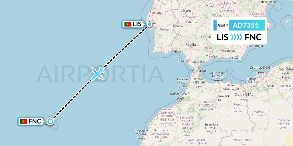 AD7355 Azul Brazilian Airlines Flight Map: Lisbon to Funchal