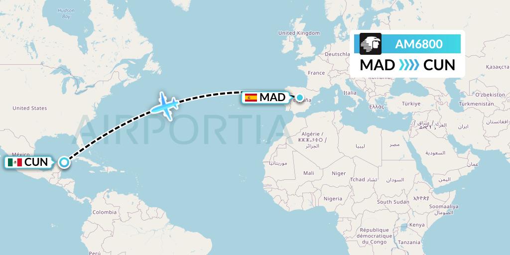 AM6800 Aeromexico Flight Map: Madrid to Cancun