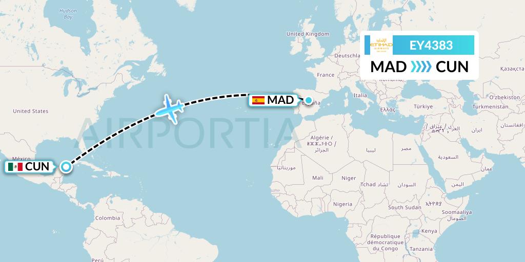 EY4383 Etihad Airways Flight Map: Madrid to Cancun