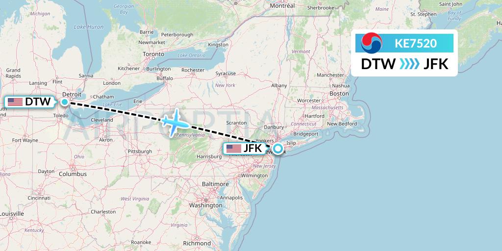 KE7520 Korean Air Flight Map: Detroit to New York
