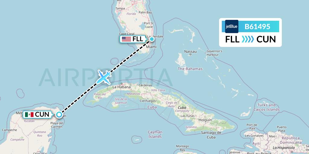 B61495 JetBlue Airways Flight Map: Fort Lauderdale to Cancun