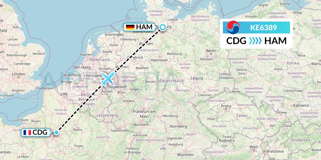 KE6389 Korean Air Flight Map: Paris to Hamburg