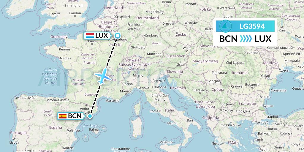 LG3594 Luxair Flight Map: Barcelona to Luxembourg