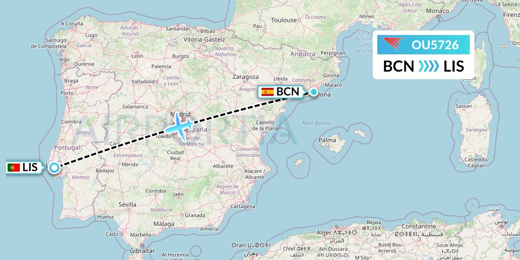 OU5726 Croatia Airlines Flight Map: Barcelona to Lisbon