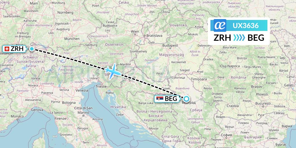 UX3636 Air Europa Flight Map: Zurich to Belgrade