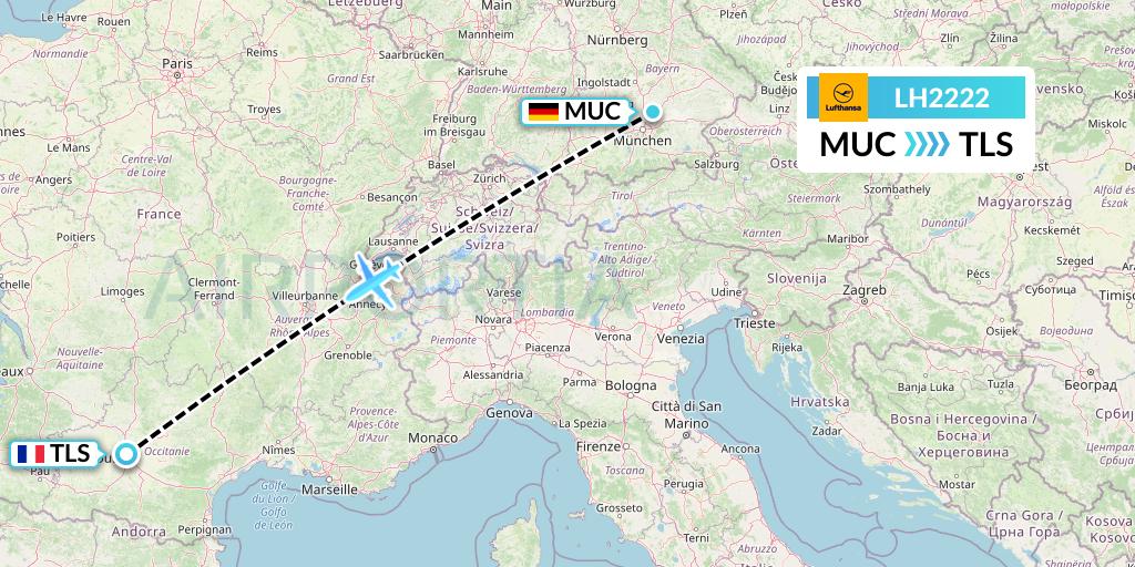 LH2222 Lufthansa Flight Map: Munich to Toulouse