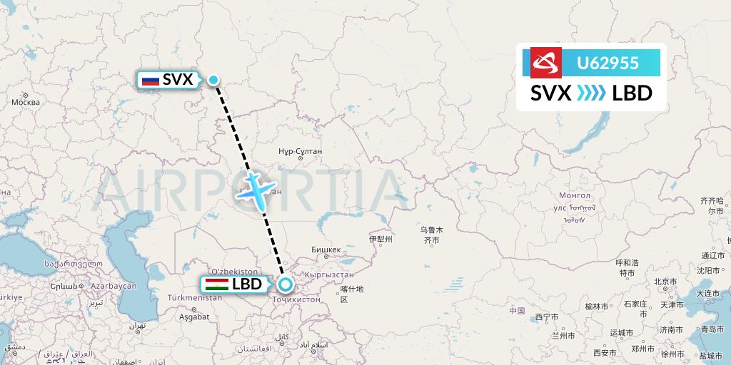 U62955 Ural Airlines Flight Map: Yekaterinburg to Khudzhand