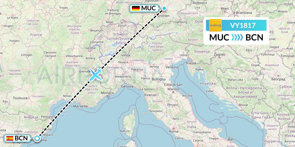 VY1817 Vueling Flight Map: Munich to Barcelona