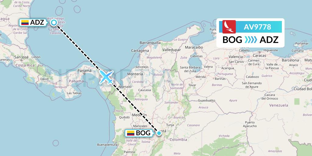 AV9778 Avianca Flight Map: Bogota to San Andres Island