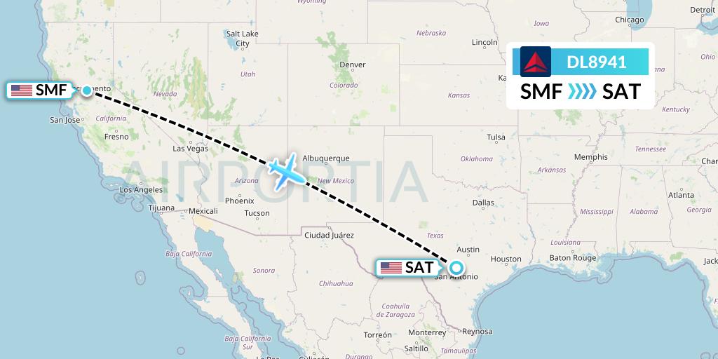 DL8941 Delta Air Lines Flight Map: Sacramento to San Antonio