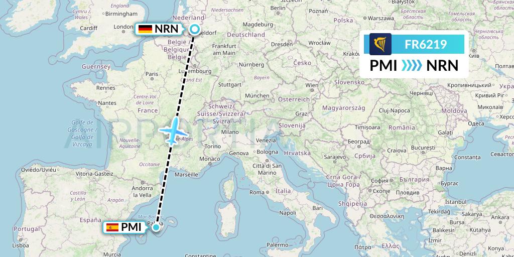 FR6219 Ryanair Flight Map: Palma de Mallorca to Weeze