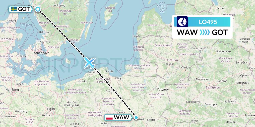 LO495 LOT Flight Map: Warsaw to Gothenburg